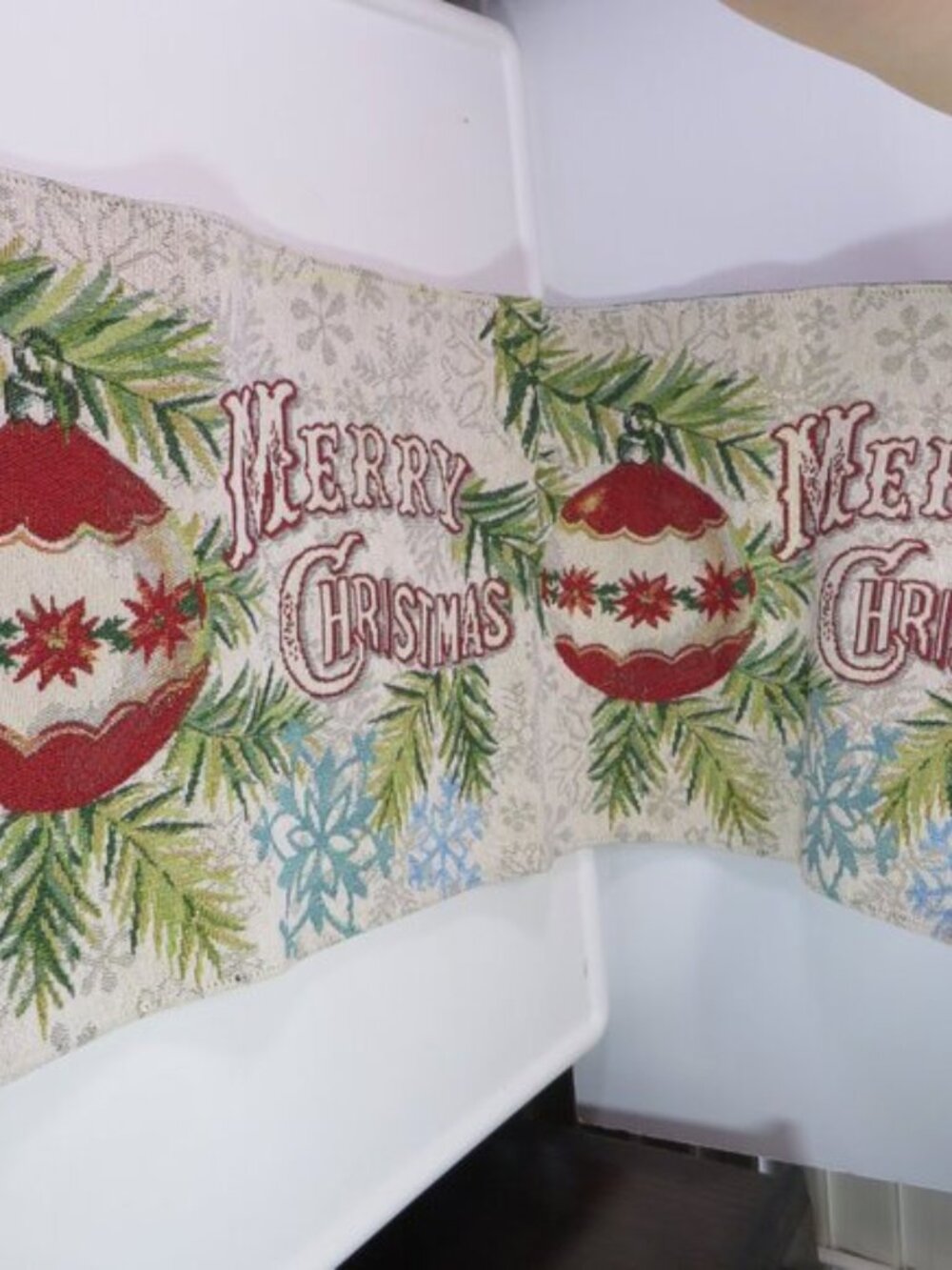 Merry Christmas Tapestry Table Runner - Red Poinsettia Ornaments Shimmer 67x13 - Picture 3 of 7